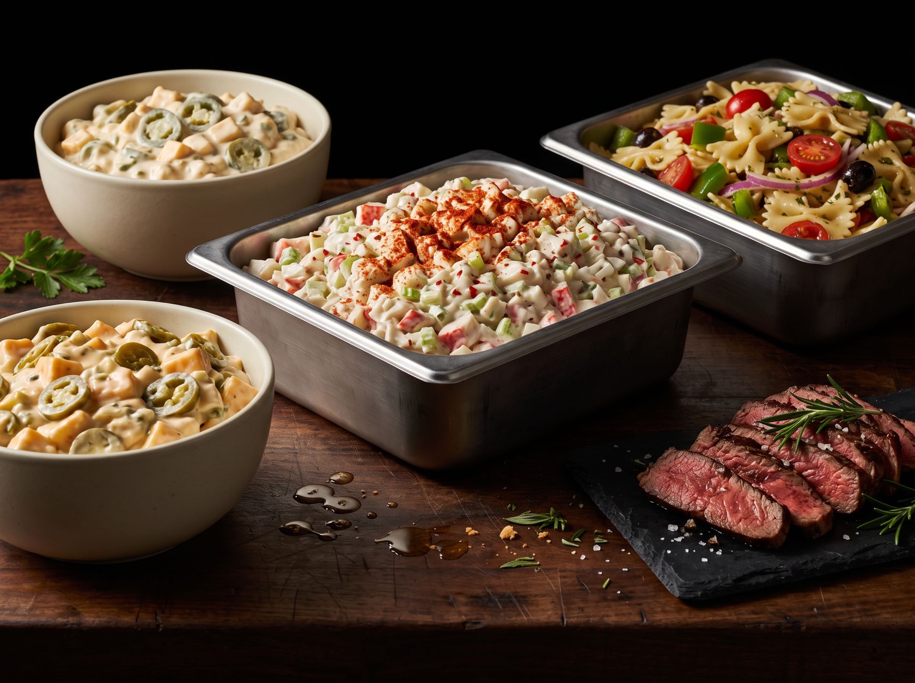 Prepared salads and sliced beef on the block