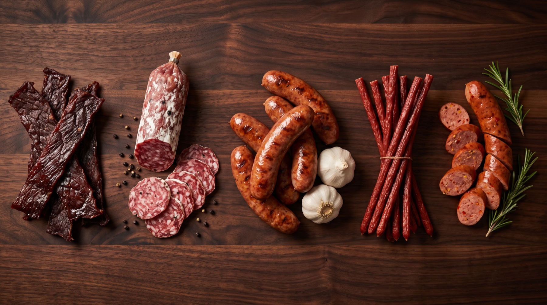 Jerky, salami, sausage, snack sticks, and hot links